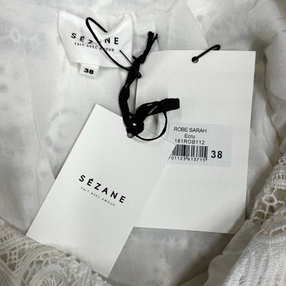 NWT Sezane Sarah Robe Crochet Eyelet 3/4 Sleeve Mini Dress (38) Ecru Cream - Picture 5 of 10